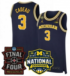 Men Michigan Wolverines  3 Elliot Cadeau Navy 2025 26 Final Four   National Champions Patch Stitched Basketball Jersey