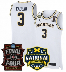 Men Michigan Wolverines  3 Elliot Cadeau White 2025 26 Final Four   National Champions Patch Stitched Basketball Jersey