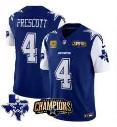 Men Dallas Cowboys 4 Dak Prescott Blue White 2023 F U S E  NFC East Champions With 4 Star C Ptach Stitched Football Jersey