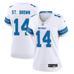 Women Detroit Lions 14 Amon Ra St Brown White 2024 F U S E Vapor Limited Stitched Jersey