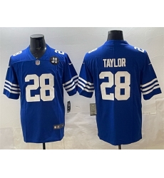 Men Indianapolis Colts 28 Jonathan Taylor Blue Jim Irsay Patch Vapor Limited Stitched Football Jersey