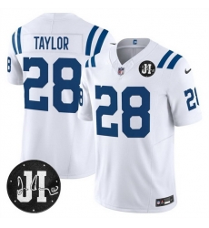 Men Indianapolis Colts 28 Jonathan Taylor White 2025 F U S E  Jim Irsay Patch Vapor Limited Stitched Football Jersey Men Indianapolis Colts 28 Jonathan Taylor White 2025 F U S E  Jim Irsay Patch Vapor Limited Stitched Football Jersey