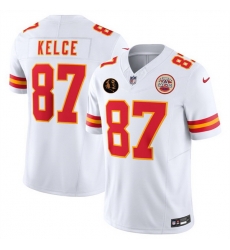 Men   Kansas City Chiefs 87 Travis Kelce White 2025 F U S E  John Madden Patch Vapor Untouchable Limited Stitched Football Jersey