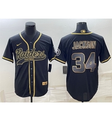 Men Las Vegas Raiders 34 Bo Jackson Black Gold With Patch Cool Base Stitched Baseball Jersey