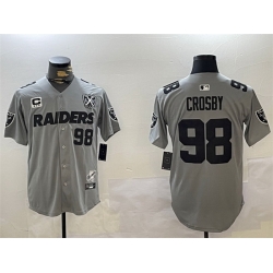 Men Las Vegas Raiders 98 Maxx Crosby Grey With Nevada Silver Stat Patch And 65th Anniversary Patch 3 Star C Patch Stitched Baseball Jersey