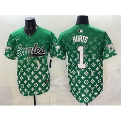 Men Philadelphia Eagles 1 Jalen Hurts Green With Patch Limited Stitched Baseball Jersey