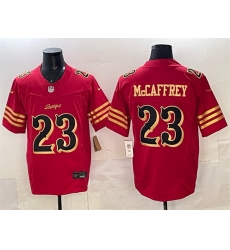 Men San Francisco 49ers 23 Christian McCaffrey Red Gold 2025 F U S E Rivalries Vapor Limited Stitched Football Jersey