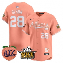 Men Atlanta Braves 28 Matt Olson Peach 2024 Atliens  26 Peach With Outkast Patch Vapor Limited Stitched Baseball Jersey