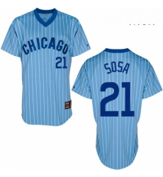 Mens Majestic Chicago Cubs 21 Sammy Sosa Replica BlueWhite Strip Cooperstown Throwback MLB Jersey