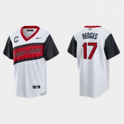 Men Cleveland Indians 17 Austin Hedges Men Nike White 2021 Little League Classic Game MLB Jersey