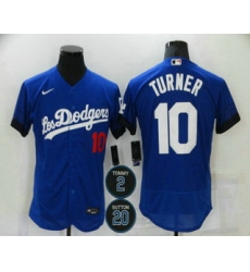 Men Los Angeles Dodgers 10 Justin Turner Blue 2 20 Patch City Connect Flex Base Stitched Jersey