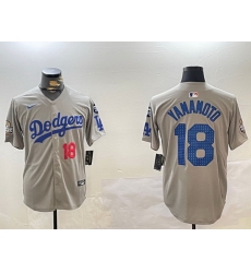 Men Los Angeles Dodgers 18 Yoshinobu Yamamoto Grey 2024 World Series With Fernando Memorial Patch Limited Stitched Baseball Jersey