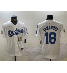 Men Los Angeles Dodgers 18 Yoshinobu Yamamoto White 2024 World Series With Fernando Memorial Patch Home Limited Stitched Baseball Jersey 2