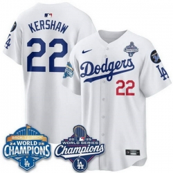 Men Los Angeles Dodgers 22 Clayton Kershaw White 2025 World Series Champions  26 Back to Back Champions With No 34 Patch Limited Stitched Baseball Jersey