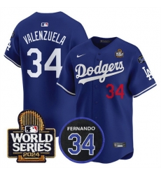 Men Los Angeles Dodgers 34 Toro Valenzuela Royal 2024 World Series With Fernando Memorial Patch Limited Stitched Baseball Jersey