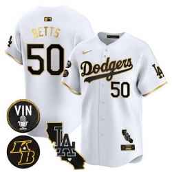 Men Los Angeles Dodgers 50 Mookie Betts White Gold 2025 Vin  26 Kobe Patch Vapor Limited V2 Stitched Baseball Jersey