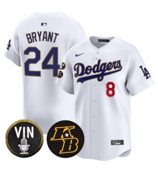 Men Los Angeles Dodgers Front  8 Back  24 Kobe Bryant White 2026 Vin   Kobe Patch Gold Trim Vapor Premier Limited Stitched Baseball Jersey
