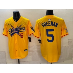 Men Los Angeles Dodgers x One Piece  5 Freddie Freeman Yellow Vapor Premier Limited Stitched Baseball Jersey