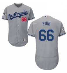 Mens Majestic Los Angeles Dodgers 66 Yasiel Puig Authentic Grey Road 2017 World Series Bound Flex Base Jersey