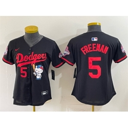 Women Los Angeles Dodgers  5 Freddie Freeman Black Hello Kitty Night 2025 World Series Champions Patch Stitched Baseball Jersey  