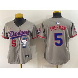 Women Los Angeles Dodgers  5 Freddie Freeman Grey Hello Kitty Night 2025 World Series Champions Patch Stitched Baseball Jersey  