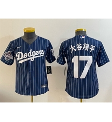 Youth Los Angeles Dodgers 17  Shohei Ohtani Navy Pinstripe 2025 World Series Champions Patch Cool Base Stitched Baseball Jersey