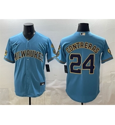 Men Milwaukee Brewers  24 William Contreras Blue With Home   Bob Uecker Patch Stitched Baseball Jersey