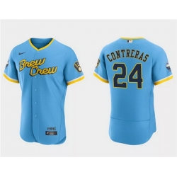 Men Milwaukee Brewers 24 William Contreras Powder Blue 2022 City Connect Flex Base Stitched Baseball Jersey