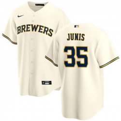 Men Milwaukee Brewers 35 Jakob Junis Cream Cool Base Stitched Jersey