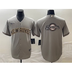 Men Milwaukee Brewers Gray Team Big Logo Cool Base Stitched Jersey