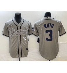 Men New York Yankees 3 Babe Ruth Gray With Patch Cool Base Stitched Baseball Jersey