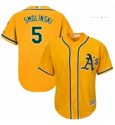 Mens Majestic Oakland Athletics 5 Jake Smolinski Replica Gold Alternate 2 Cool Base MLB Jersey 