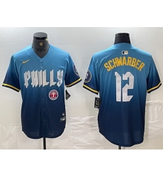 Men Philadelphia Phillies 12 Kyle Schwarber Blue 2024 City Connect Limited Stitched Jersey 4