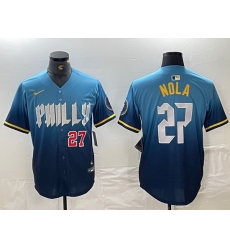 Men Philadelphia Phillies 27 Aaron Nola Blue 2024 City Connect Limited Stitched Baseball Jersey