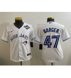 Youth Toronto Blue Jays 47 Addison Barger White 2025 World Series Cool Base Stitched Baseball Jersey Youth Toronto Blue Jays 47 Addison Barger White 2025 World Series Cool Base Stitched Baseball Jersey