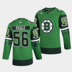 Men Boston Bruins 56 Erik Haula 2022 Green St Patricks Day Warm Up Stitched jersey