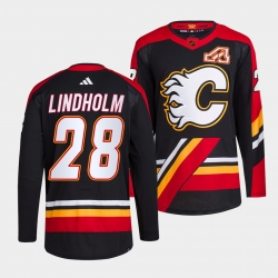 Men Calgary Flames 28 Elias Lindholm Black 2022 23 Reverse Retro Stitched Jersey