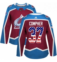 Womens Adidas Colorado Avalanche 37 JT Compher Authentic Burgundy Red USA Flag Fashion NHL Jersey 