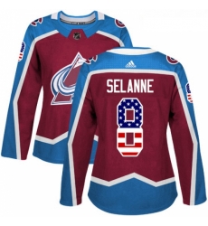 Womens Adidas Colorado Avalanche 8 Teemu Selanne Authentic Burgundy Red USA Flag Fashion NHL Jersey 