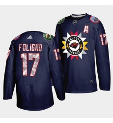 Men Minnesota Wild 17 Marcus Foligno 2021 22 Navy Native American Heritage Day Stitched Jersey