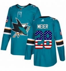 Mens Adidas San Jose Sharks 28 Timo Meier Authentic Teal Green USA Flag Fashion NHL Jersey 