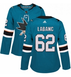 Womens Adidas San Jose Sharks 62 Kevin Labanc Premier Teal Green Home NHL Jersey 