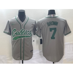 Men's Boston Celtics #7 Jaylen Brown Grey With Patch Stitched Baseball Jersey