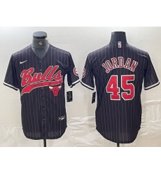 Men Chicago Bulls 45 Michael Jordan Black Pinstripe Cool Base Stitched Baseball Jersey 3