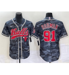 Men Chicago Bulls 91 Dennis Rodman Gray Camo Cool Base Stitched Baseball Jersey