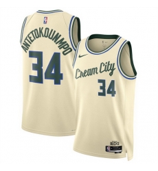 Men Milwaukee Bucks 34 Giannis Antetokounmpo Cream 2025 26 City Edition Stitched Basketball Jersey