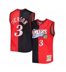 Men Philadelphia 76ers 3 Allen Iverson Split Red Black 2000 01 Mitchell  26 Ness Stitched Basketball Jersey