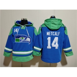 Men Seattle Seahawks 14 DK Metcalf Royal Ageless Must Have Lace Up Pullover Hoodie