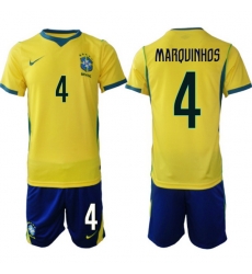 Youth Brazil 2026 FIFA World Cup Yellow Home Soccer Jersey MARQUINHOS #4 Youth Brazil 2026 FIFA World Cup Yellow Home Soccer Jersey MARQUINHOS #4