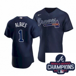 Men Nike Atlanta Braves 1 Ozzie Albies Navy Blue Home Stitched Baseball Stitched MLB 2021 Champions Patch Jersey